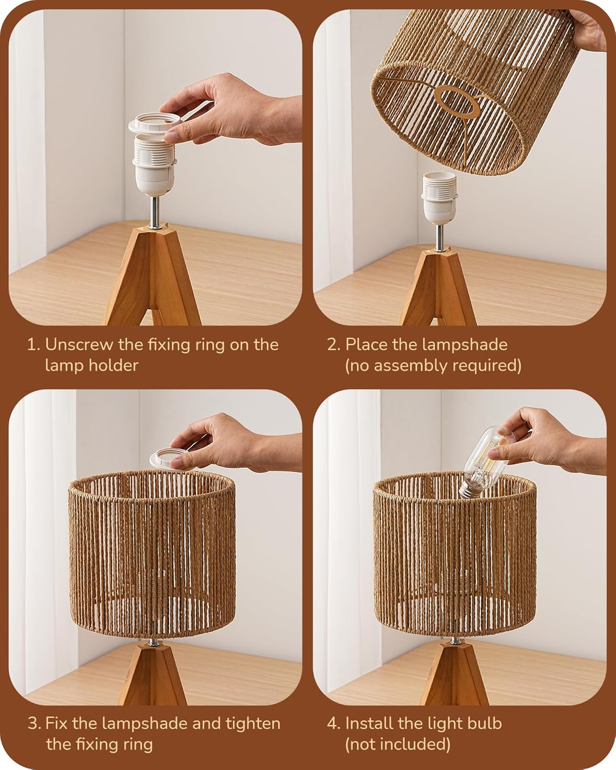 EDISHINE Small Rattan Table Lamp, Wood Tripod Bedside Lamp, Boho Nightstand Lamp for Living Room, End Table, Office, E26 Base, Natural Style
