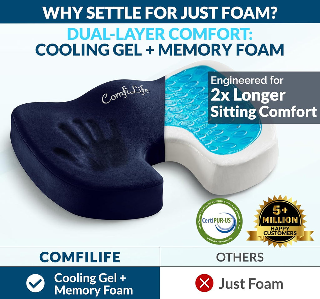ComfiLife Gel Enhanced Seat Cushion – Office Chair Cushion – Non-Slip Gel & Memory Foam Coccyx Cushion for Tailbone Pain - Desk Chair Car S…