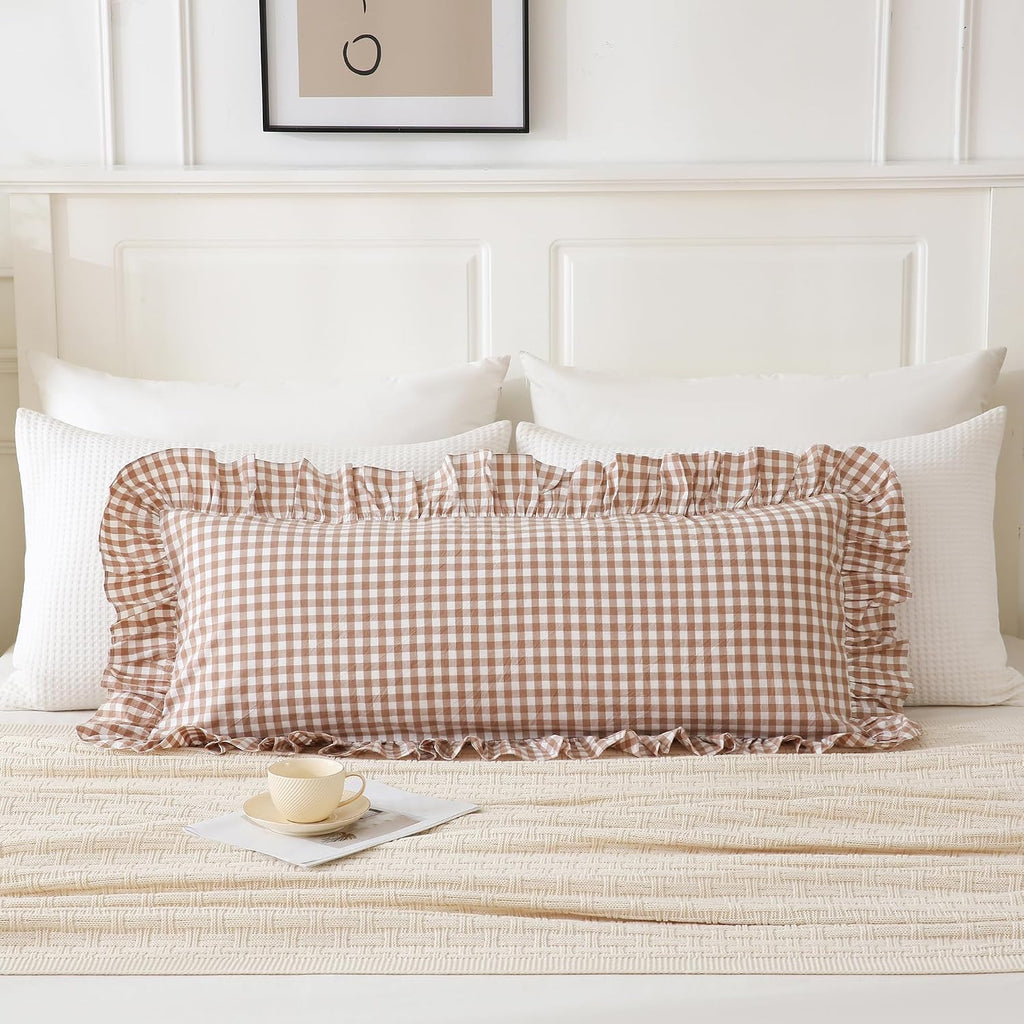 Qilunn 14x36 inches Taupe Plaid Ruffle Gingham Lumbar Throw Pillow Cover, Pure Cotton Decor Pillowcase French Country Vintage Fall Pillow C…