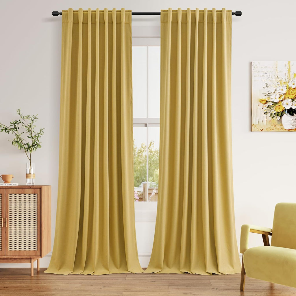 Guken Gold 100% Blackout Linen Curtains 108 Inch Length 2 Panels Set for Living Room Bedroom Back Tab Thermal Insulated 100% Black Out Drap…