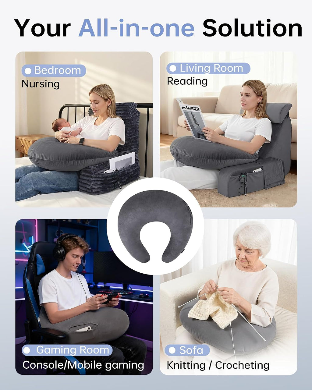 Enitya U-Shaped Ergonomic Reading & Gaming Pillow with Arm Elbow Support for Adults Kids, Bed Rest Pillow for Nursing, Crocheting, Knitting…