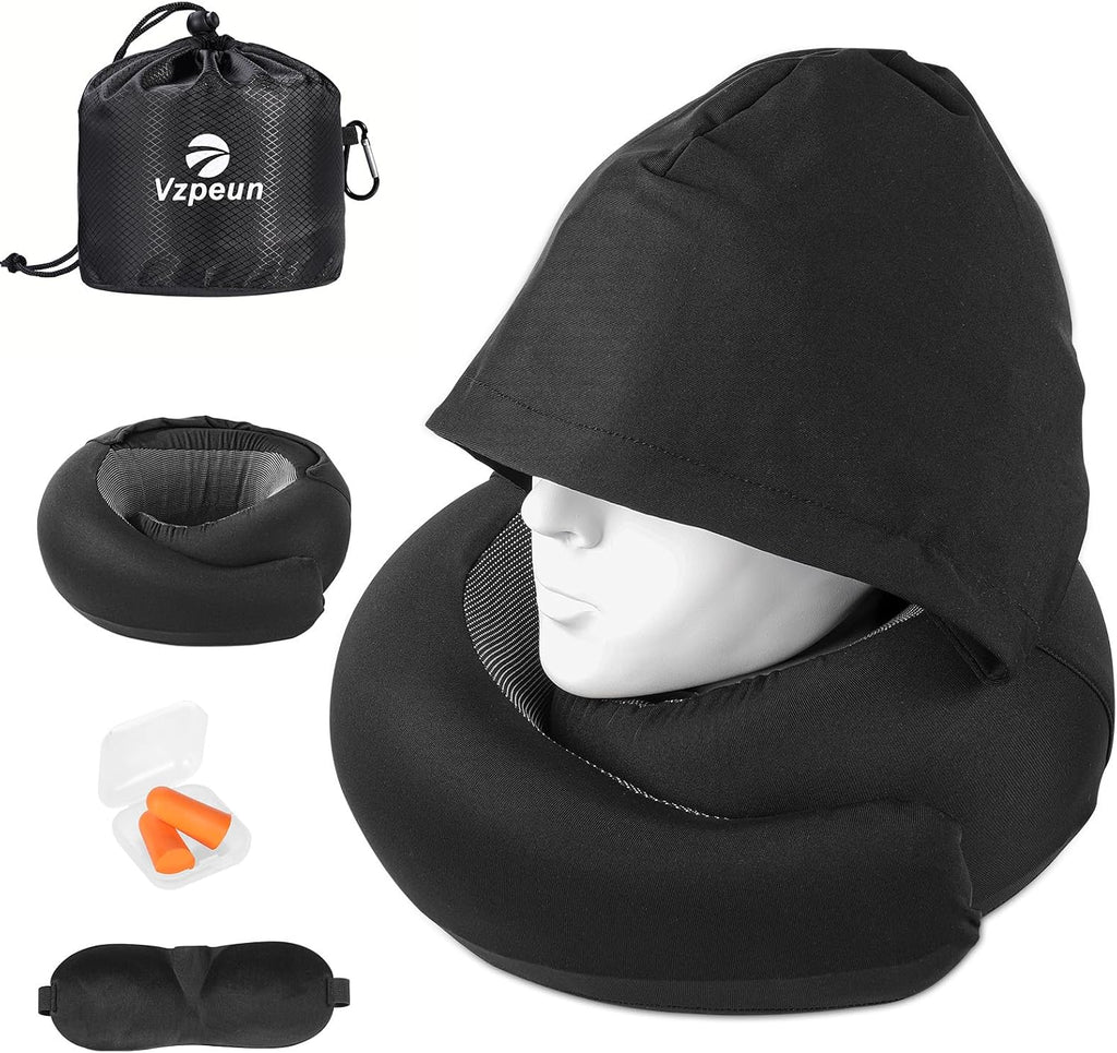 Vzpeun Travel Pillow - Hooded Neck Pillow Airplane Memory Foam Filling for Plane, Office, Cars Sleeping, Road Trip, Long Flights, Airplane…