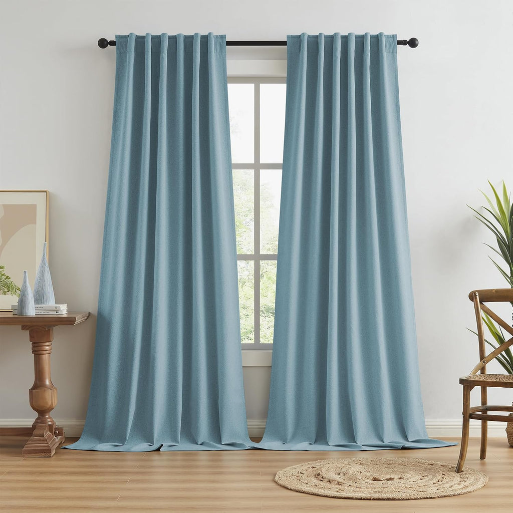 Keqiaosuocai Extra Long 108 Inch Full Blackout Curtains for Large Window, Linen Textured Back Tab Hook Belt Pleated Tall Drapes for Living…