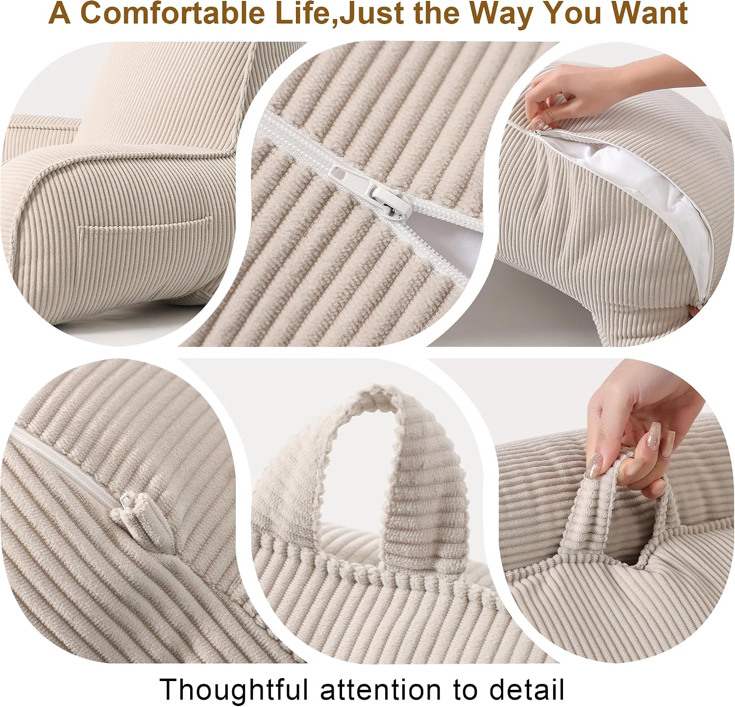 Ailuteie Reading Pillow for Sitting Up in Bed, Corduroy Backrest Pillow with Arms, Side Pocket & Washable Cover, Bed Rest Pillow Back Suppo…