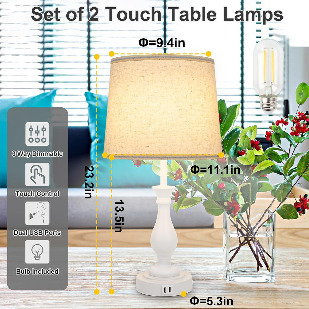 LALISU Farmhouse Table Lamp Touch Control 3-Way Dimmable Table Lamp, Modern Nightstand Lamp with 2 USB Port Bedside Desk Lamp with Fabric…