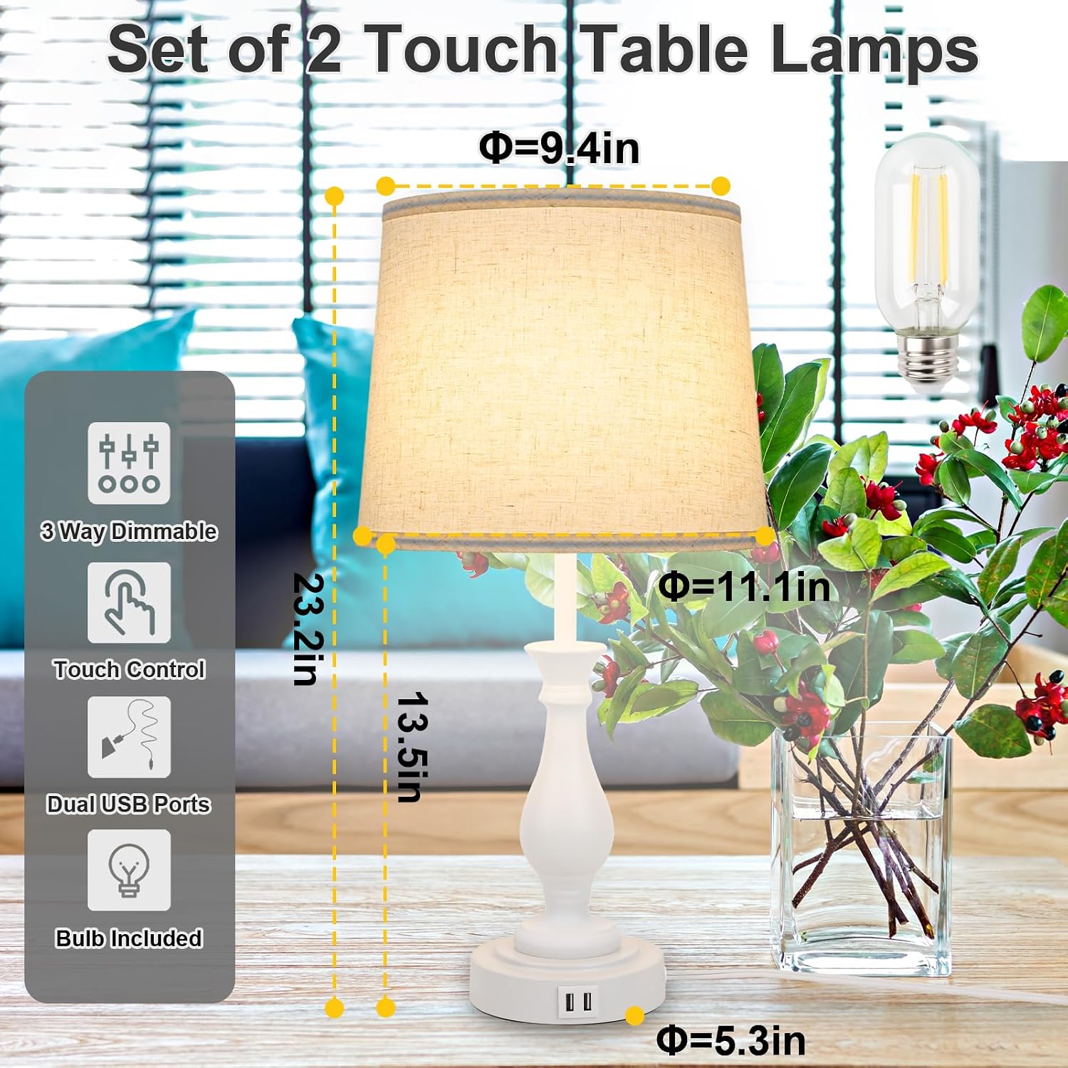 LALISU Farmhouse Table Lamp Touch Control 3-Way Dimmable Table Lamp, Modern Nightstand Lamp with 2 USB Port Bedside Desk Lamp with Fabric…