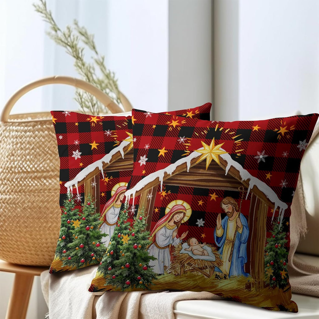Jesus Nativity Throw Pillow Cover 16x16 Inch Set of 2 Xmas Red Buffalo Plaid Pillow Case Christma O Holy Night Winter Holiday Cushion…