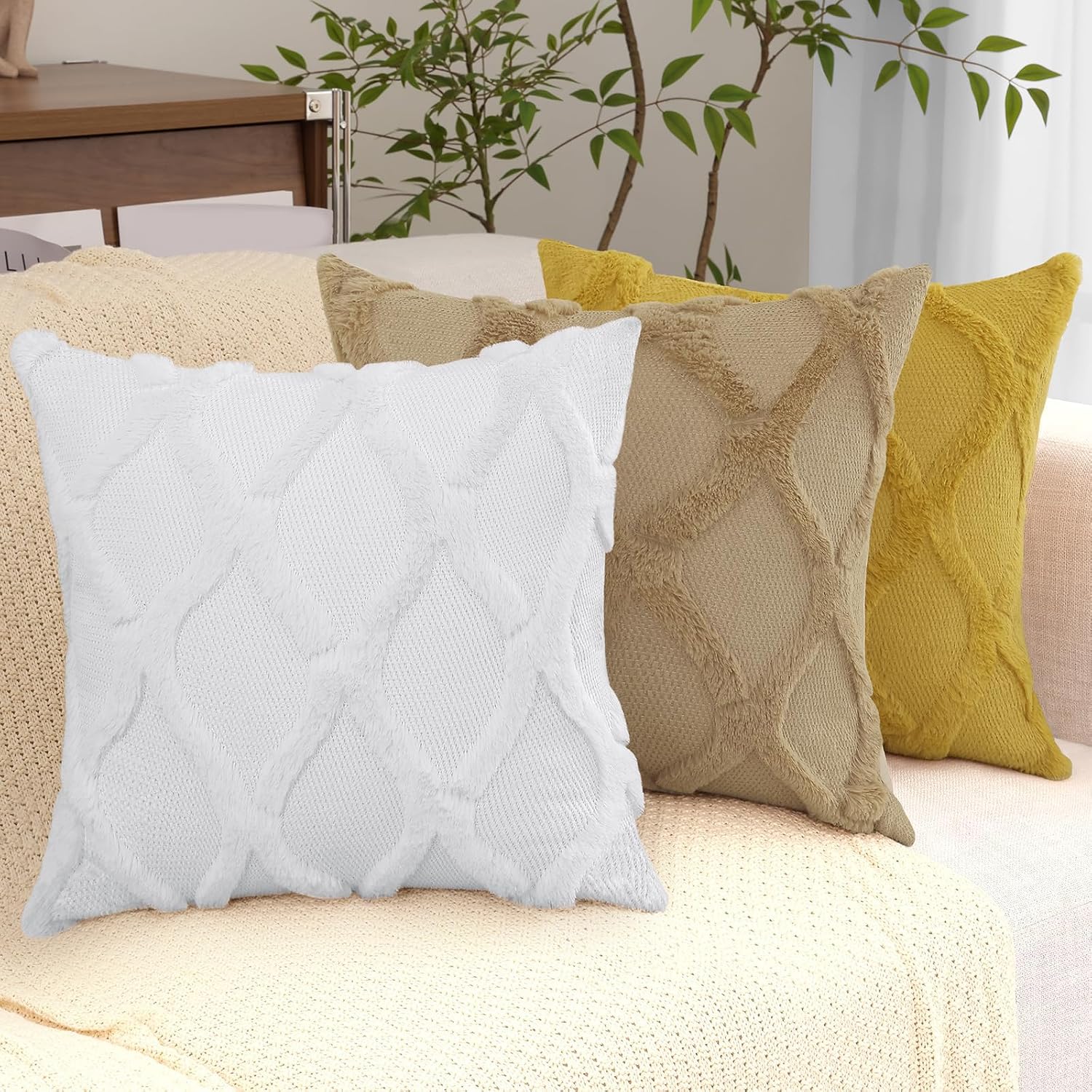 decorUhome Summer Throw Pillow Covers 20x20 Inch Set of 2, Soft Plush Faux Fur Wool Khaki Accent Couch Pillow Covers for Modern Farmhouse B…