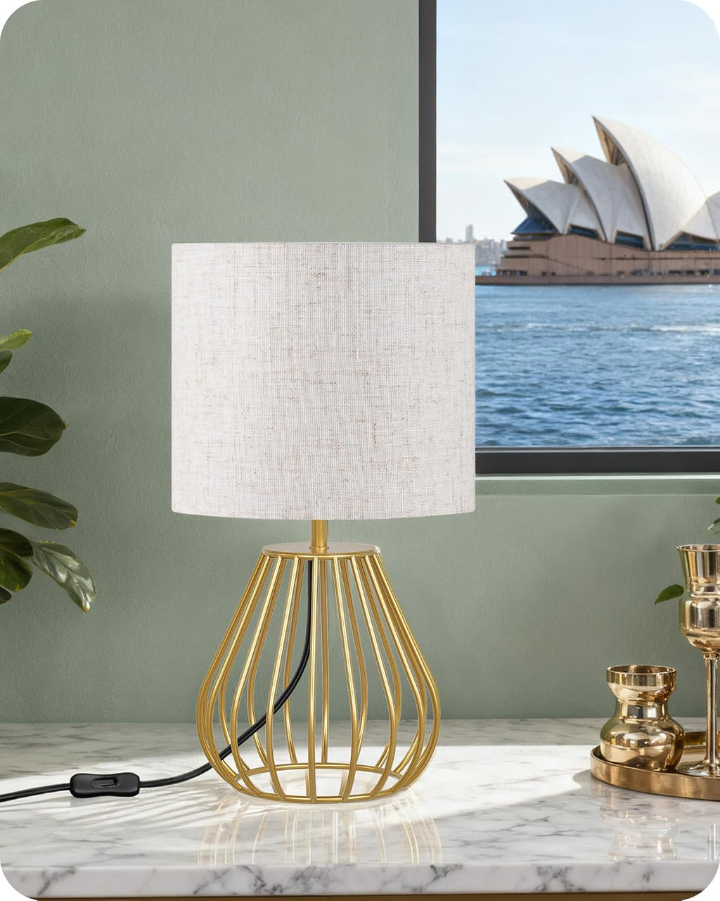 Gold Table Lamp, 12.6'' Small Table Lamp with Beige Linen Lampshade & Gold Cage Base, Modern Little Cute Desk Lamp, Bedside Lamp for…