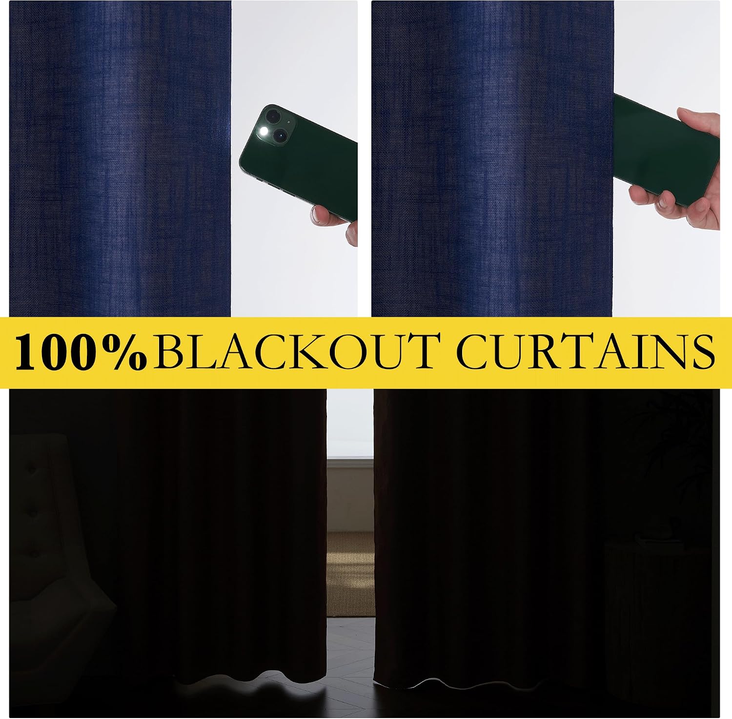 NICETOWN 100% Absolutely Blackout Linen Curtains with Thermal Insulated White Liner, Dark Blue, W52, 2 Pieces, Noise Reducing Textured…