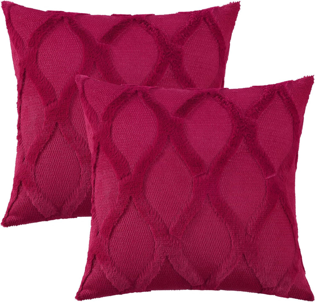 decorUhome Summer Euro Sham Throw Pillow Covers 26x26 Inch Set of 2, Soft Plush Faux Fur Wool Burgundy Accent Couch Pillow Covers for Moder…