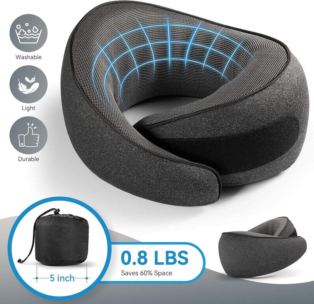 SZXYX Travel Pillows for Airplanes, 100% Pure Memory Foam Neck Pillow for Airplanes, Comfortable Breathable Cover, 360° Support Stowable…