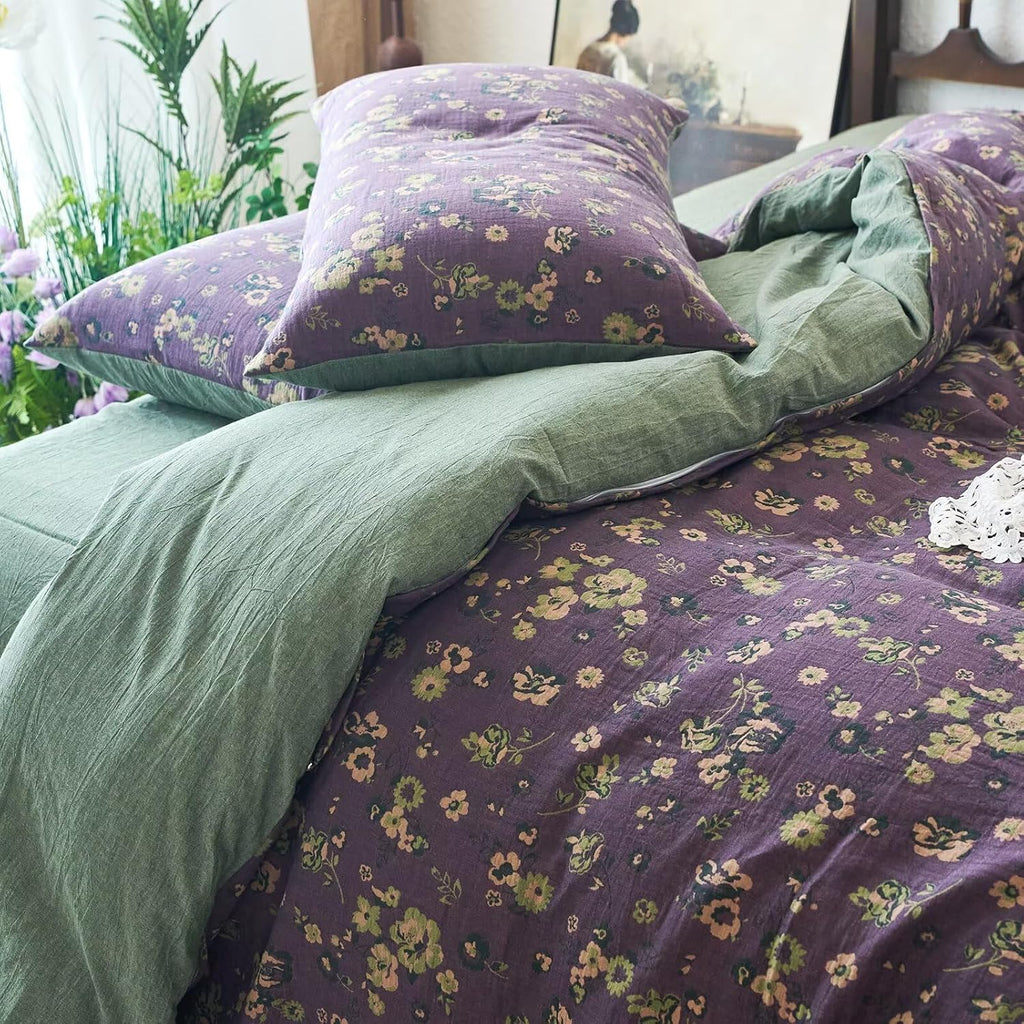 mixinni Vintage Floral Duvet Cover Queen Set - Purple & Green Reversible Jacquard, 100% Yarn-Dyed Double-Layer Cotton, Breathable Luxury Be…