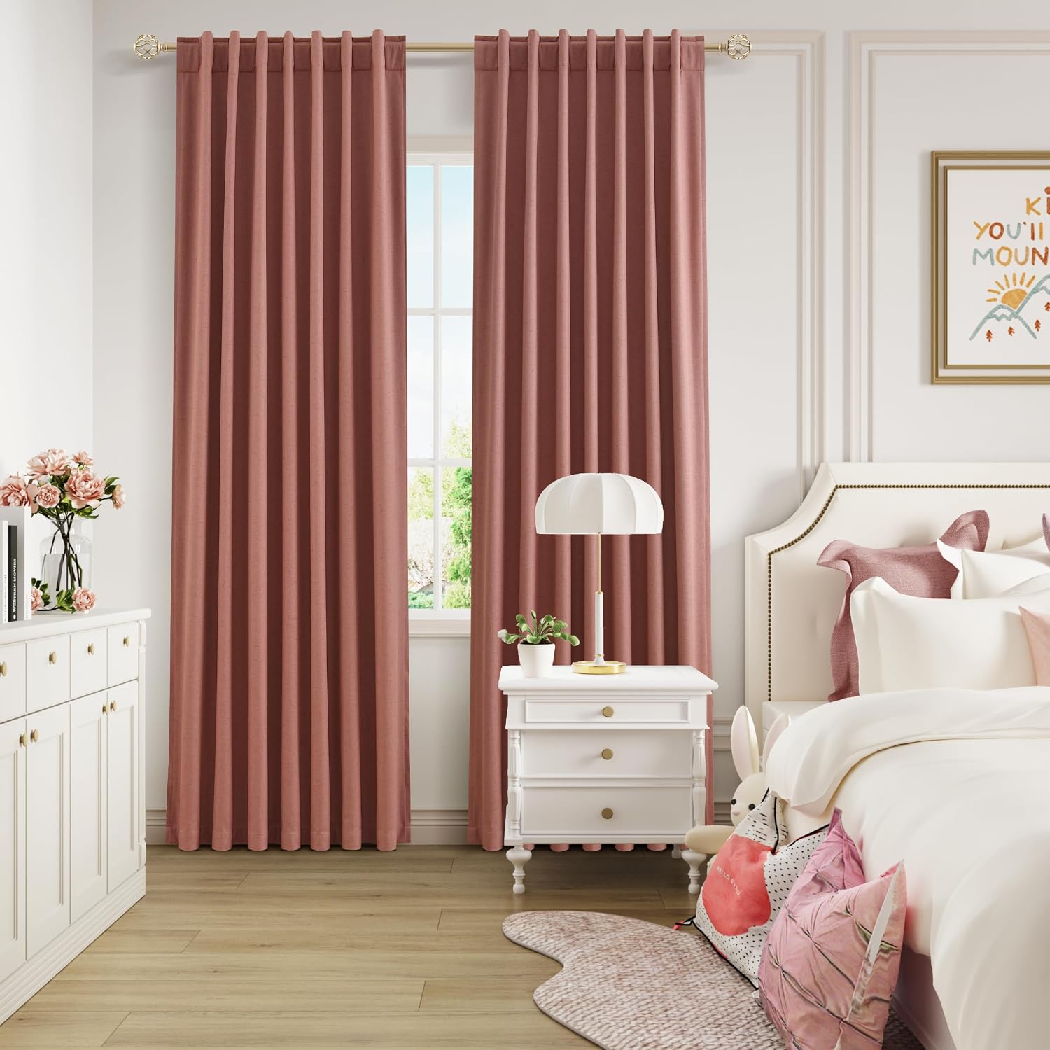 Guken Dusty Rose 100% Blackout Linen Curtains 80 Inch Length 2 Panels Set for Girls Bedroom Back Tab Thermal Insulated Black Out Drapes Roo…