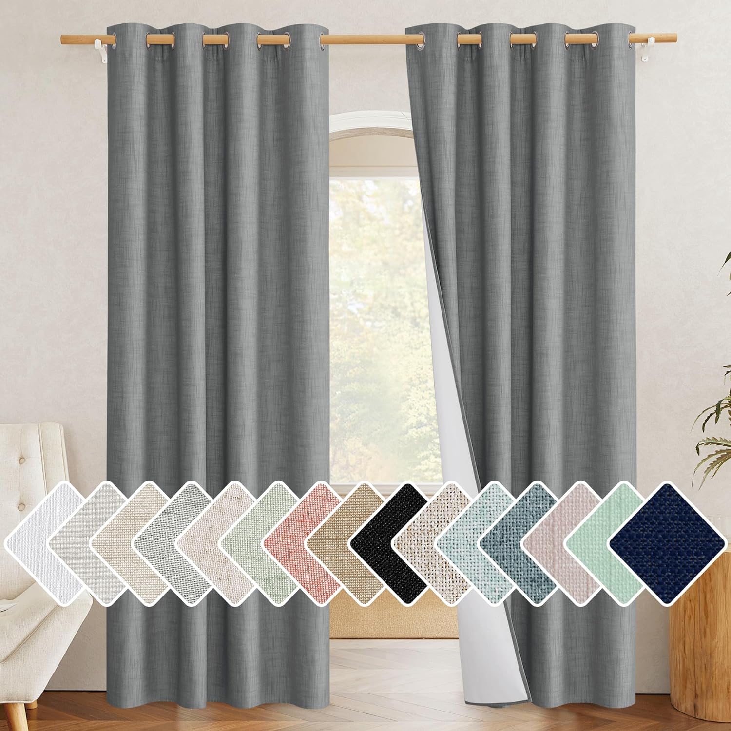 NICETOWN 100% Absolutely Blackout Linen Curtains with Thermal Insulated White Liner, 52" Wide, 2 Panels, 84 inches Long Drapes, Grommet…