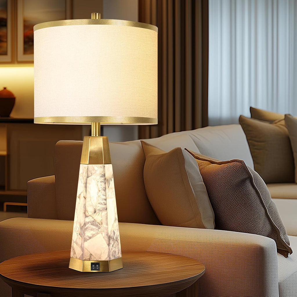 KIVDITZO 27" Alabaster Table Lamps Set of 2 - Lamps for Living Room with Night Light, Bedside Lamps with White Linen Shade, Nightstand…