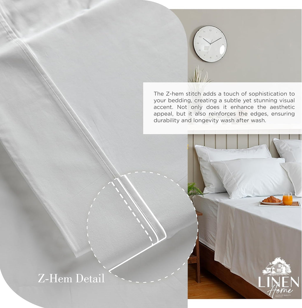 Linen Home 100% Cotton Percale Sheets Queen Size, White, Deep Pocket, 4 Pieces Set - 1 Flat, 1 Deep Pocket Fitted Sheet and 2…