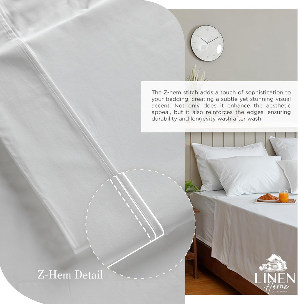 Linen Home 100% Cotton Percale Sheets King Size, White, Deep Pocket, 4 Pieces Set - 1 Flat, 1 Deep Pocket Fitted Sheet and 2 Pillowcases…