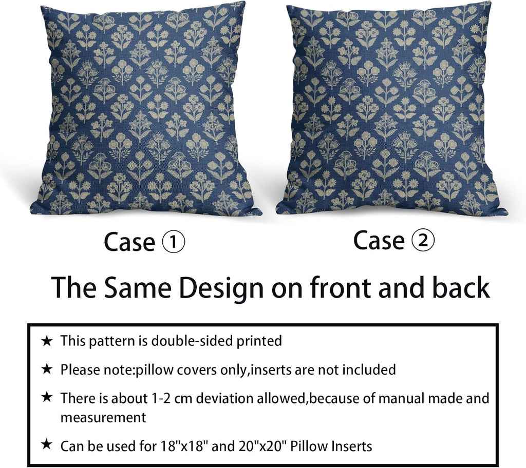 Blue Floral Block Print Pillow Covers 16x16 Inch Set of 2, Vintage Flower Pattern Decorative Throw Pillowcases Outdoor Farmhouse Cushion…