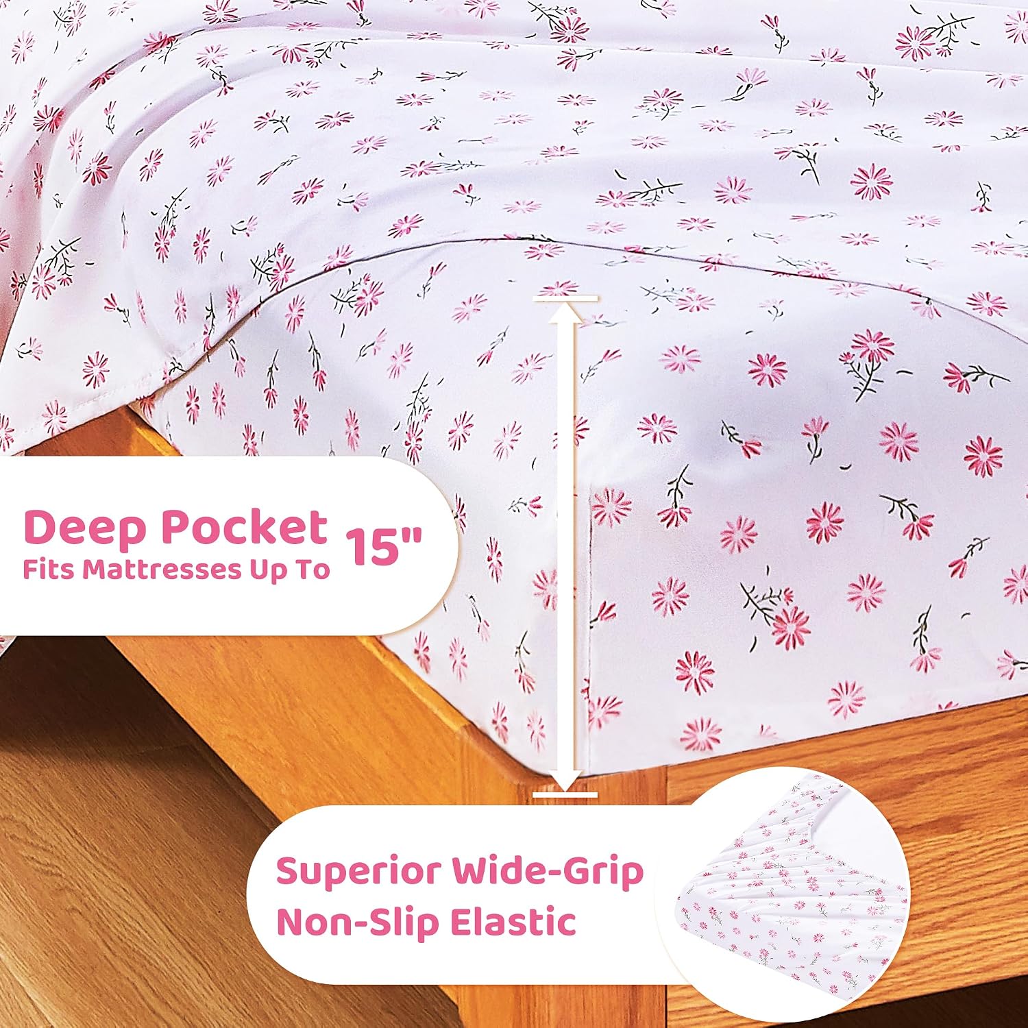 mooreeke Cozy Vintage Microfiber Printed Floral Full Sheet Set - Soft & Breathable Pink Daisy Bed Sheets with Extra Deep Pocket - Non-Slip…