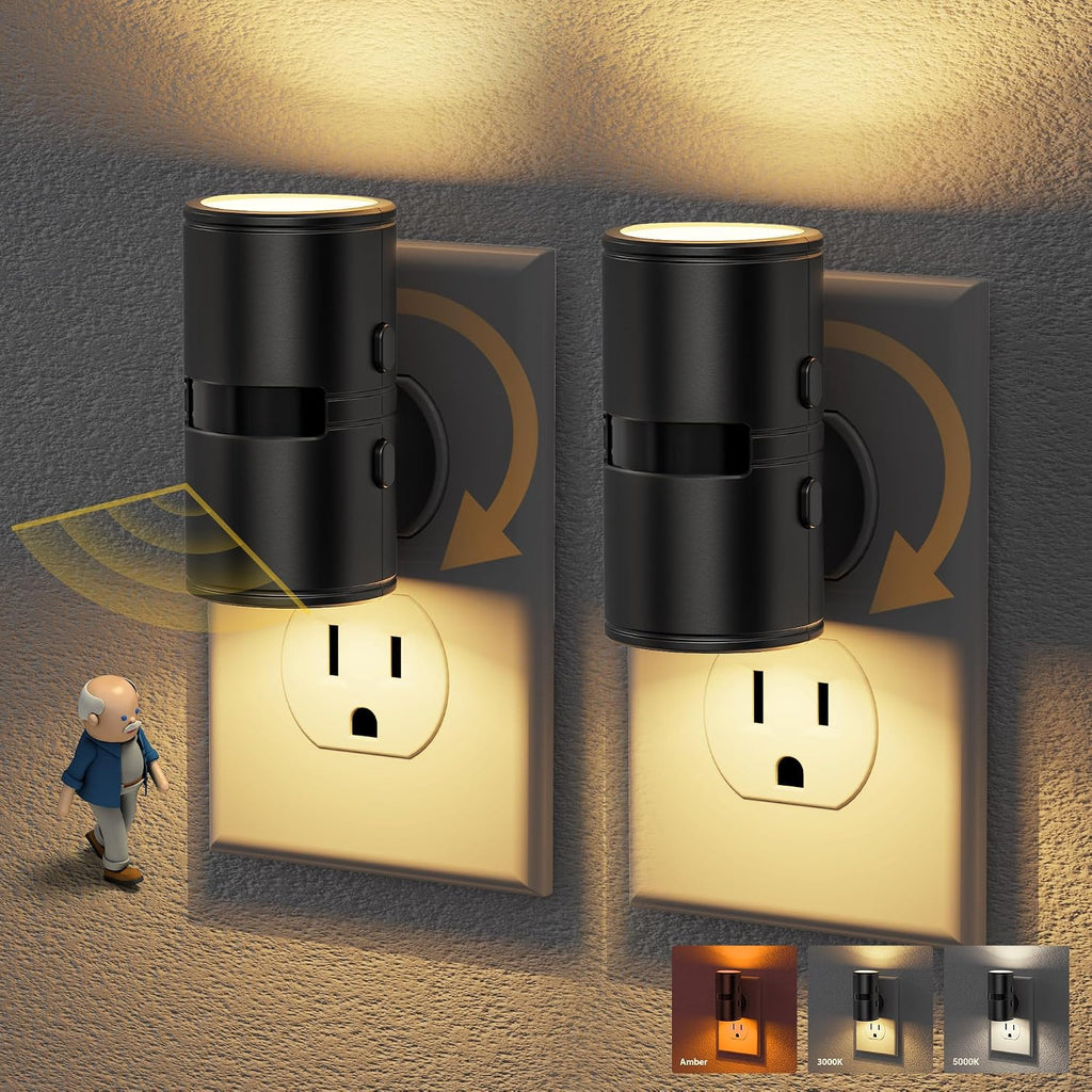 JandCase Motion Night Light, Rotating Night Lights Plug into Wall, 3 Colors 3000K-5000K-Amber, Dusk to Dawn & Motion Sensor, 3 Level…