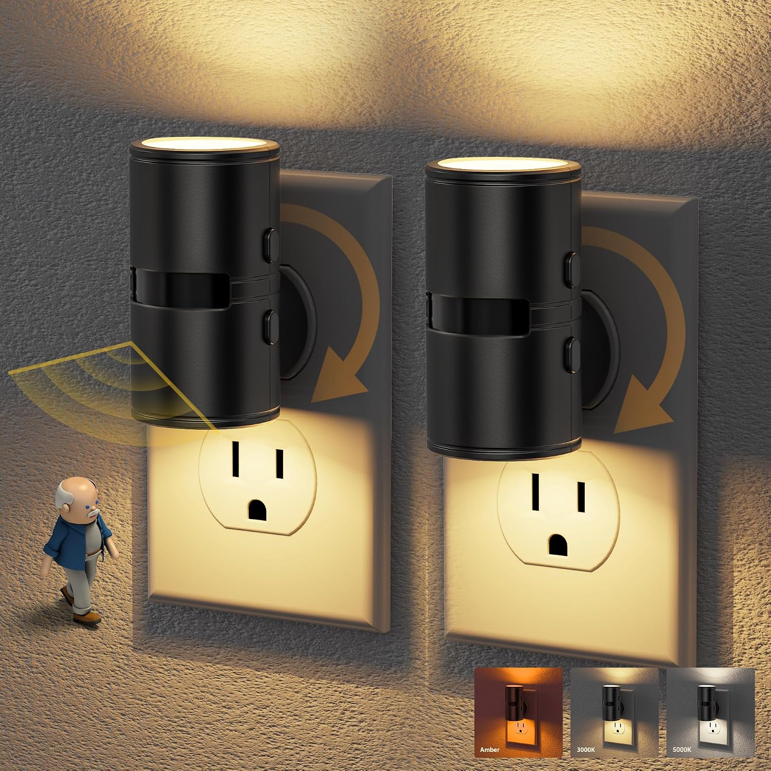 JandCase Motion Night Light, Rotating Night Lights Plug into Wall, 3 Colors 3000K-5000K-Amber, Dusk to Dawn & Motion Sensor, 3 Level…