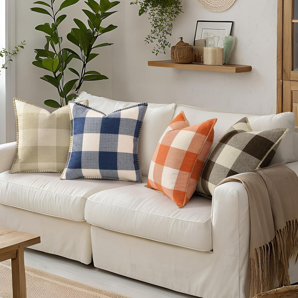 decorUhome Summer Buffalo Plaid Check Throw Pillow Covers 16x16 Set of 2 Outdoor Linen Decorative Farmhouse Gingham Pillow Covers with Stit…