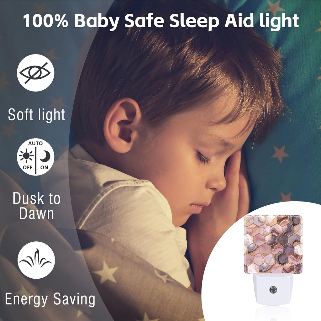 Pink Golden Ink Hexagon Night Light, Abstract Fluid Marble Dusk to Dawn Night Light Plug in,0.5w Energy Saving Sleep Friendly NightLight…