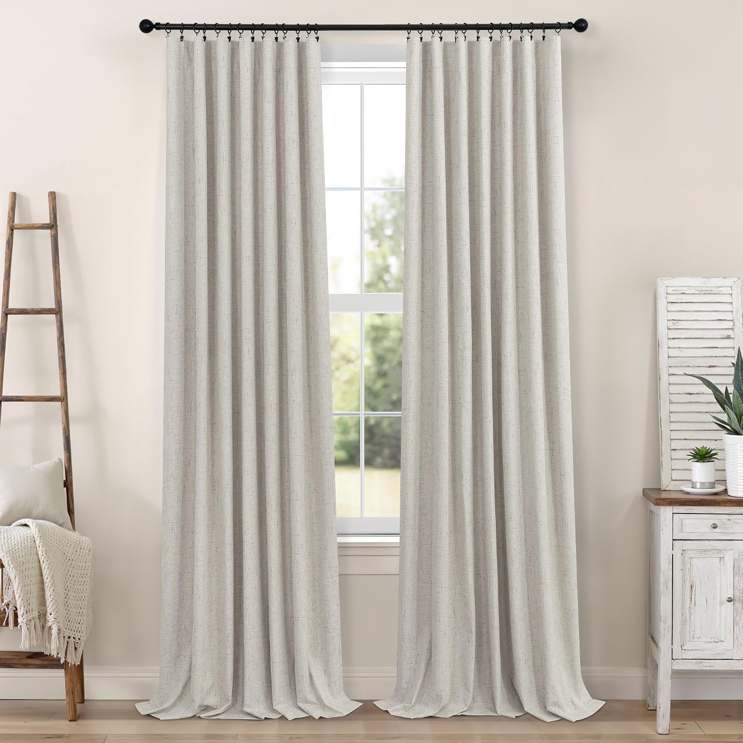 Pitalk Blackout Linen Curtains 96 Inches Long for Living Room 2 Panel Set Black Out Light Blocking Back Tab Neutral Boho Farmhouse 96 Inch…
