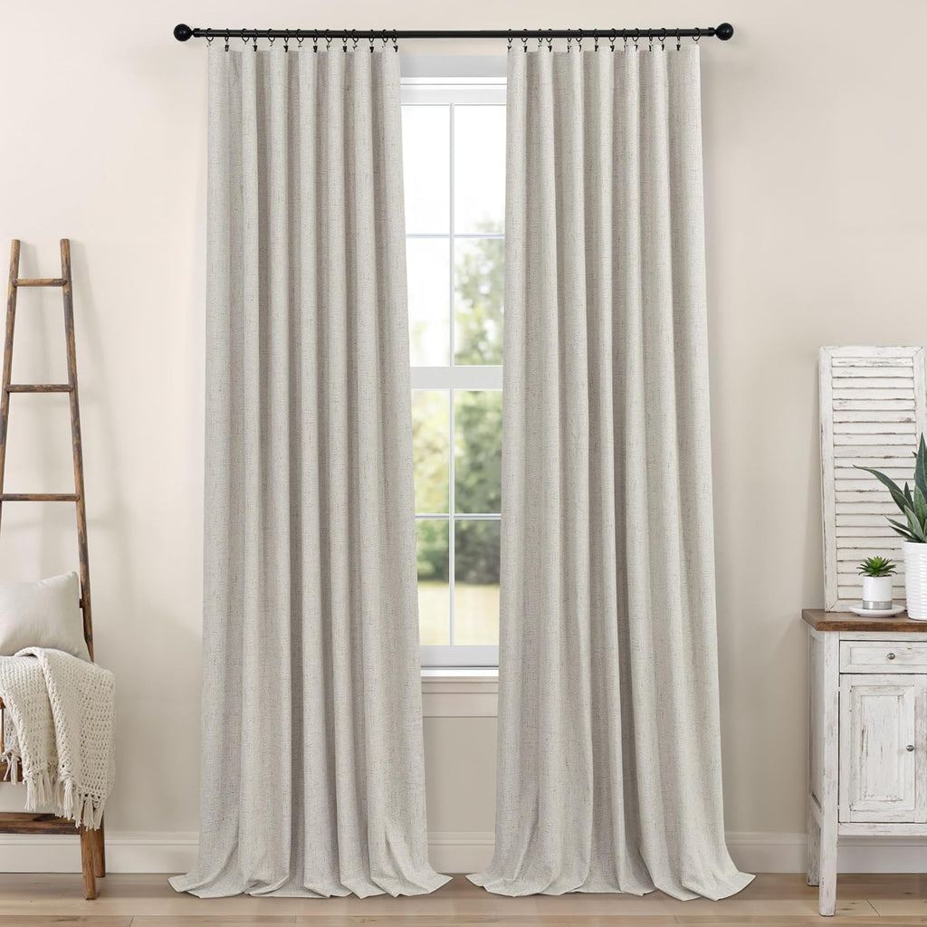 Pitalk Black Out Linen Curtains 108 Inches Long for Living Room 2 Panels Set Total Blackout Flax Pleated Drapes Back Tab Neutral Boho Ceili…