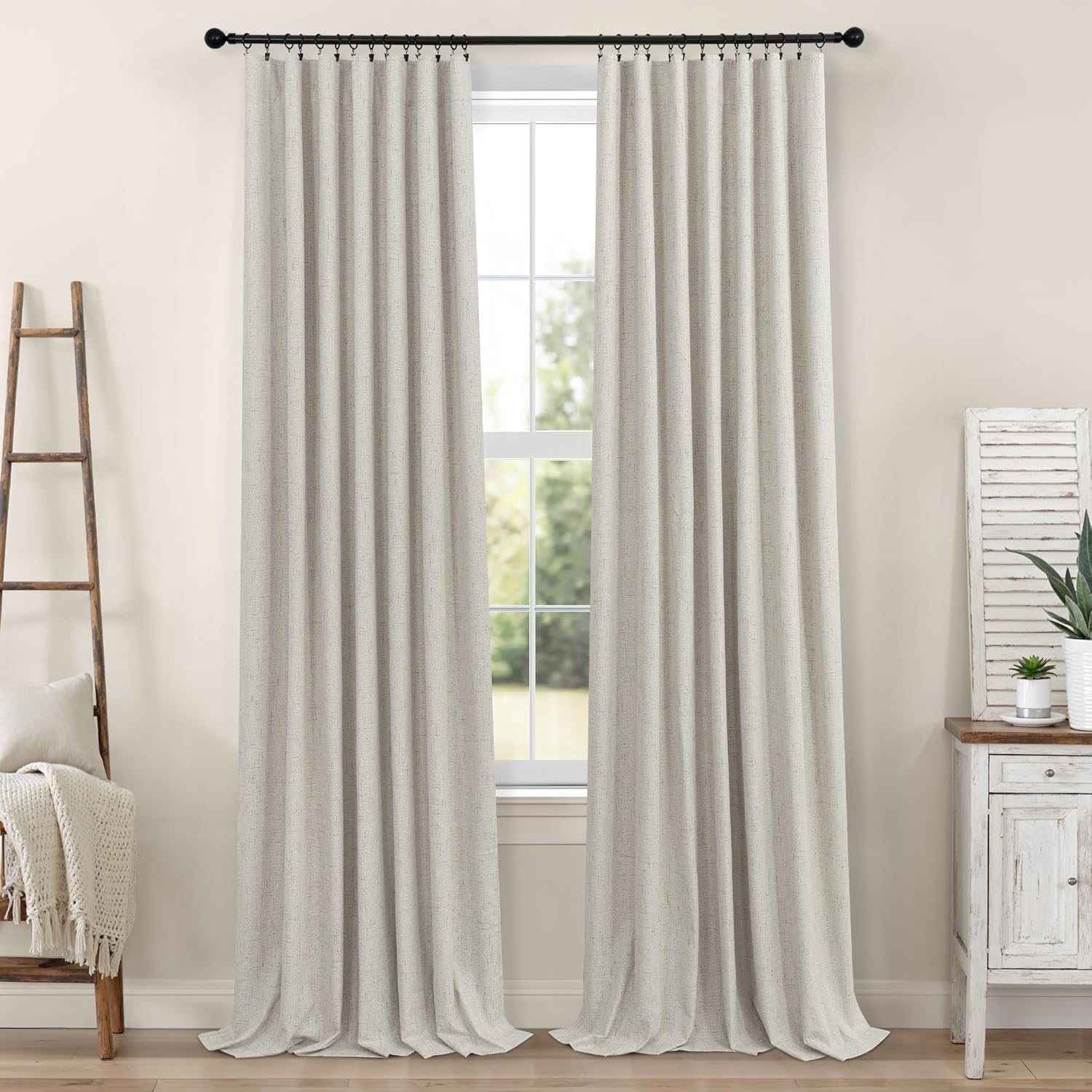 Pitalk Black Out Linen Curtains 108 Inches Long for Living Room 2 Panels Set Total Blackout Flax Pleated Drapes Back Tab Neutral Boho Ceili…