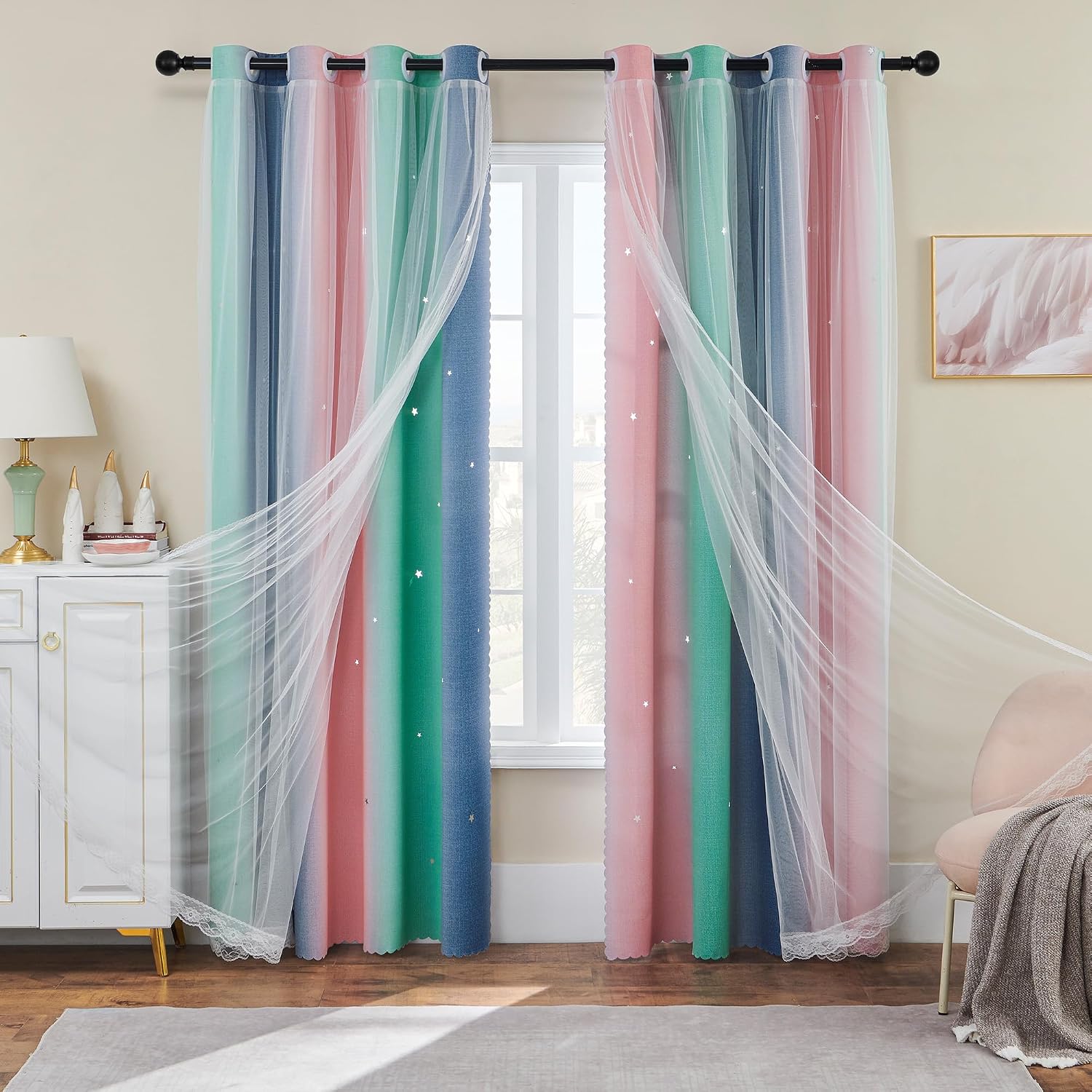 Addsomecolortolife XiDi Pink Green Grey Kids Room Curtains, 34"W x 72"L, Blackout, Modern, Striped, 1 Panel Pink