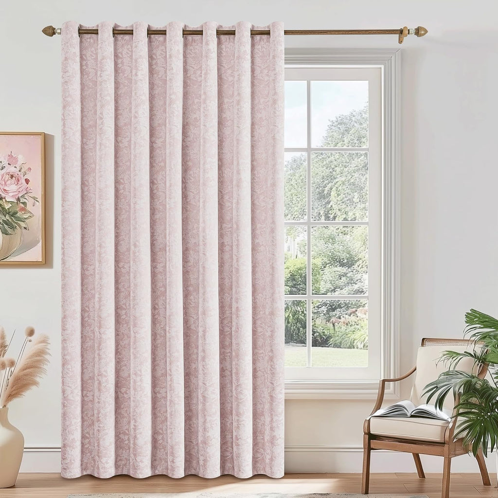 Beauoop Pink Floral Jacquard Blackout Curtains 84 Inches Long for Patio Sliding Door Extra Wide Chenille Flower Divider Room Darkening…