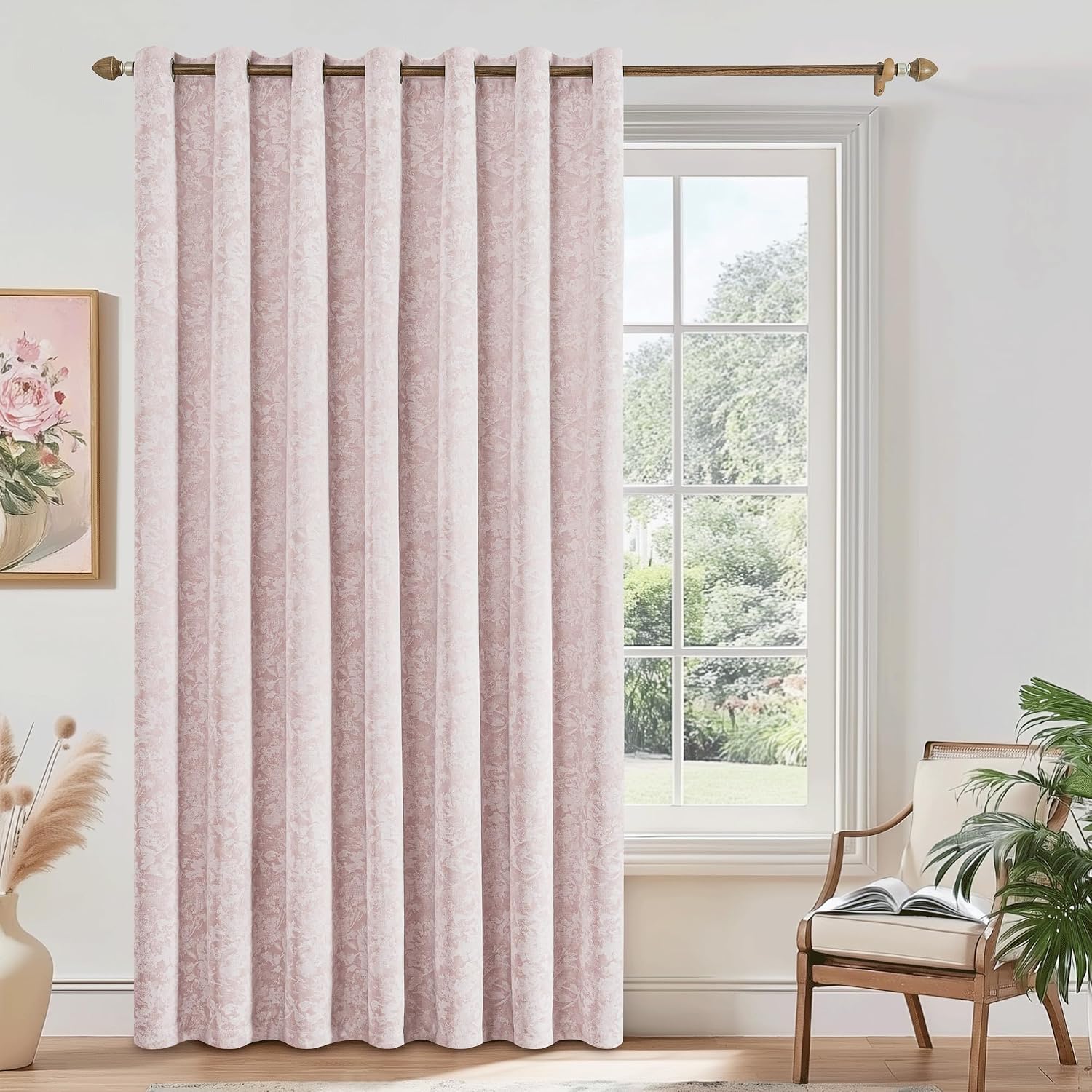 Beauoop Pink Floral Jacquard Blackout Curtains 84 Inches Long for Patio Sliding Door Extra Wide Chenille Flower Divider Room Darkening…