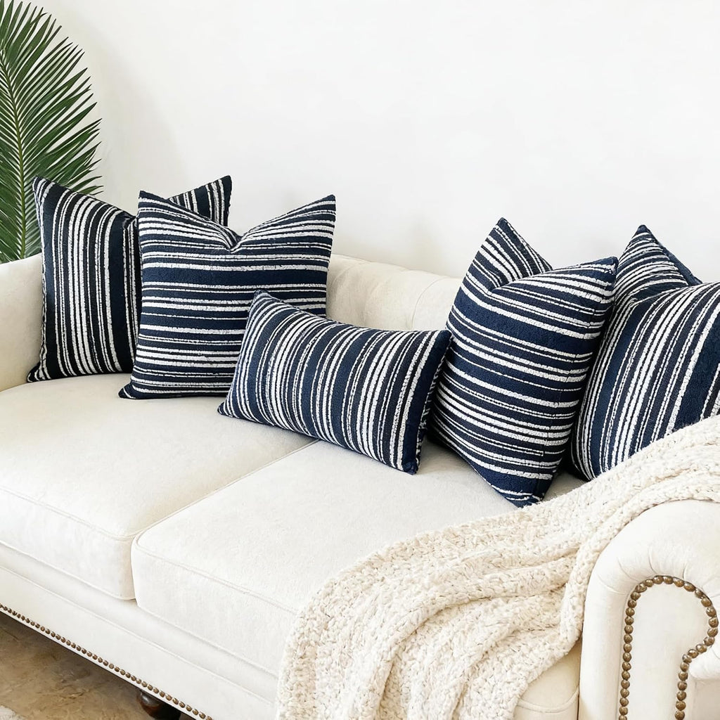 Slow Cow Boho Chenille Textured Woven Stripe Throw Pillow Covers 18 x18 Decorative Cushion Cover Pillow Cover Chenille Pillow Case Navy Blue