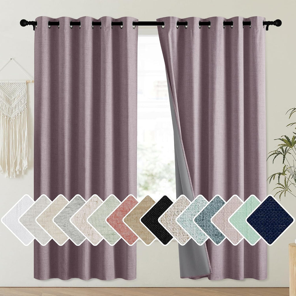 NICETOWN Chaise Mauve Vintage Linen 100% Blackout Curtains for Playroom, Thermal Insulated Curtains 72" Long, Noise Reducing Window…