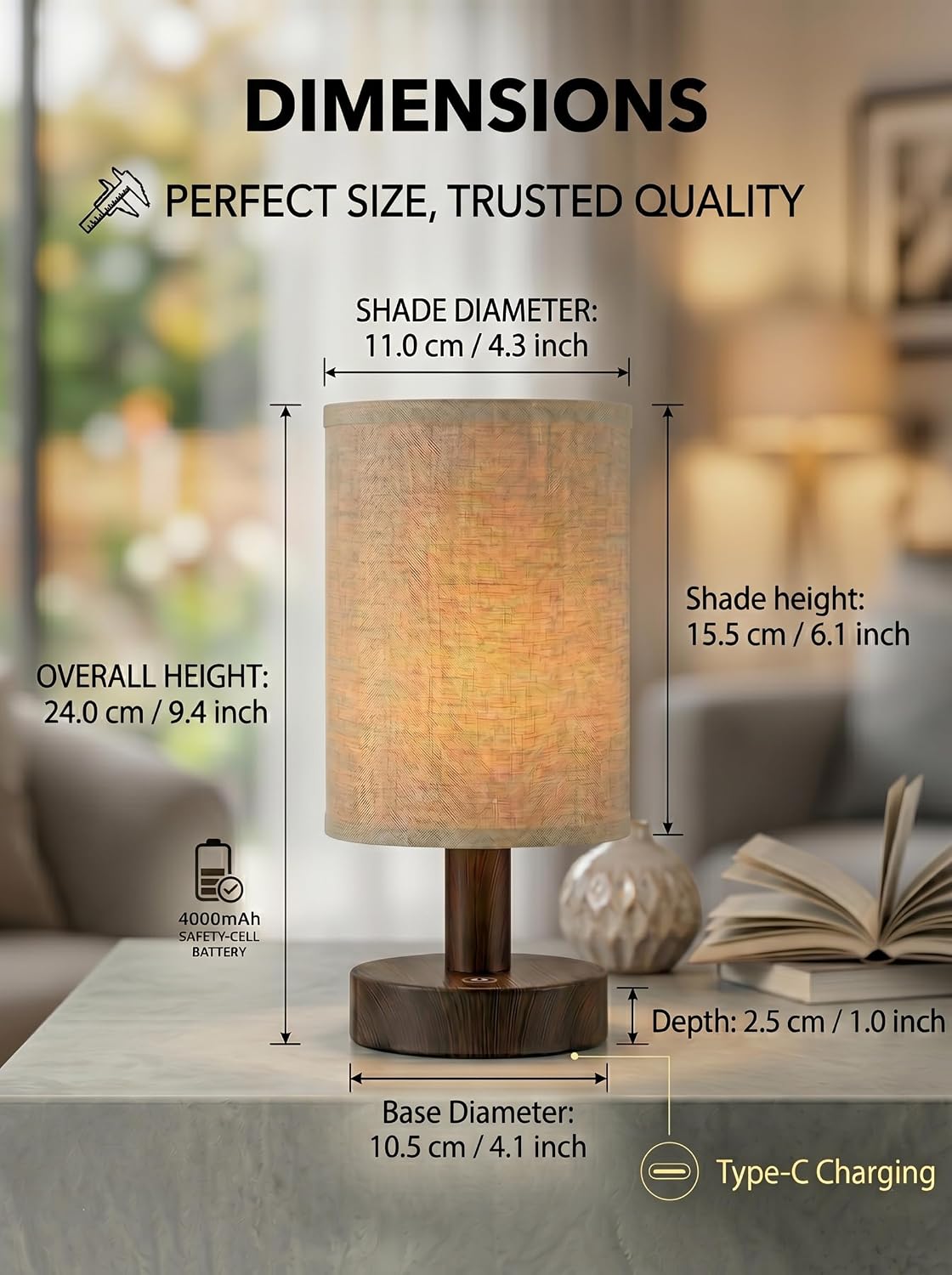 Rechargeable Cordless Table Lamp – 4000mAh Battery Bedside Lamp, Mini Touch Control Dimmable LED Light with 3 Color Modes, Portable Night…
