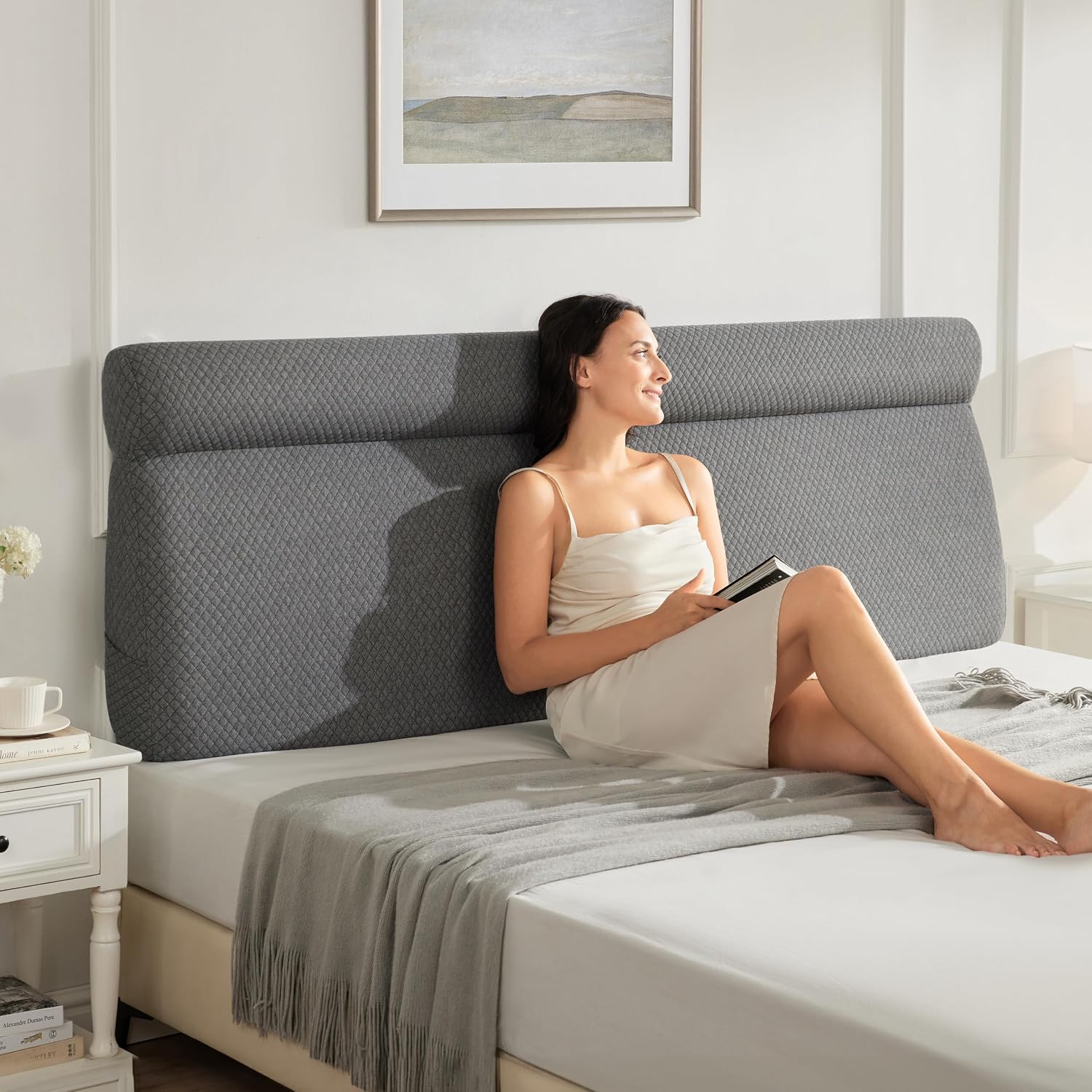 Headboard Pillow King Wedge Memory Foam Pillow Headboard with Head Rest One-Piece Ergonomic Linen Upholstered Backrest Cushion for Back…