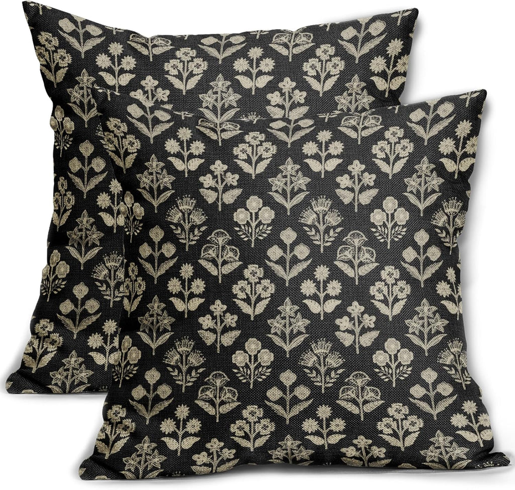 Black Floral Pillow Covers 22x22 Inch Set of 2, Vintage Flower Block Print Decorative Throw Pillowcases Outdoor Farmhouse Cushion Covers…