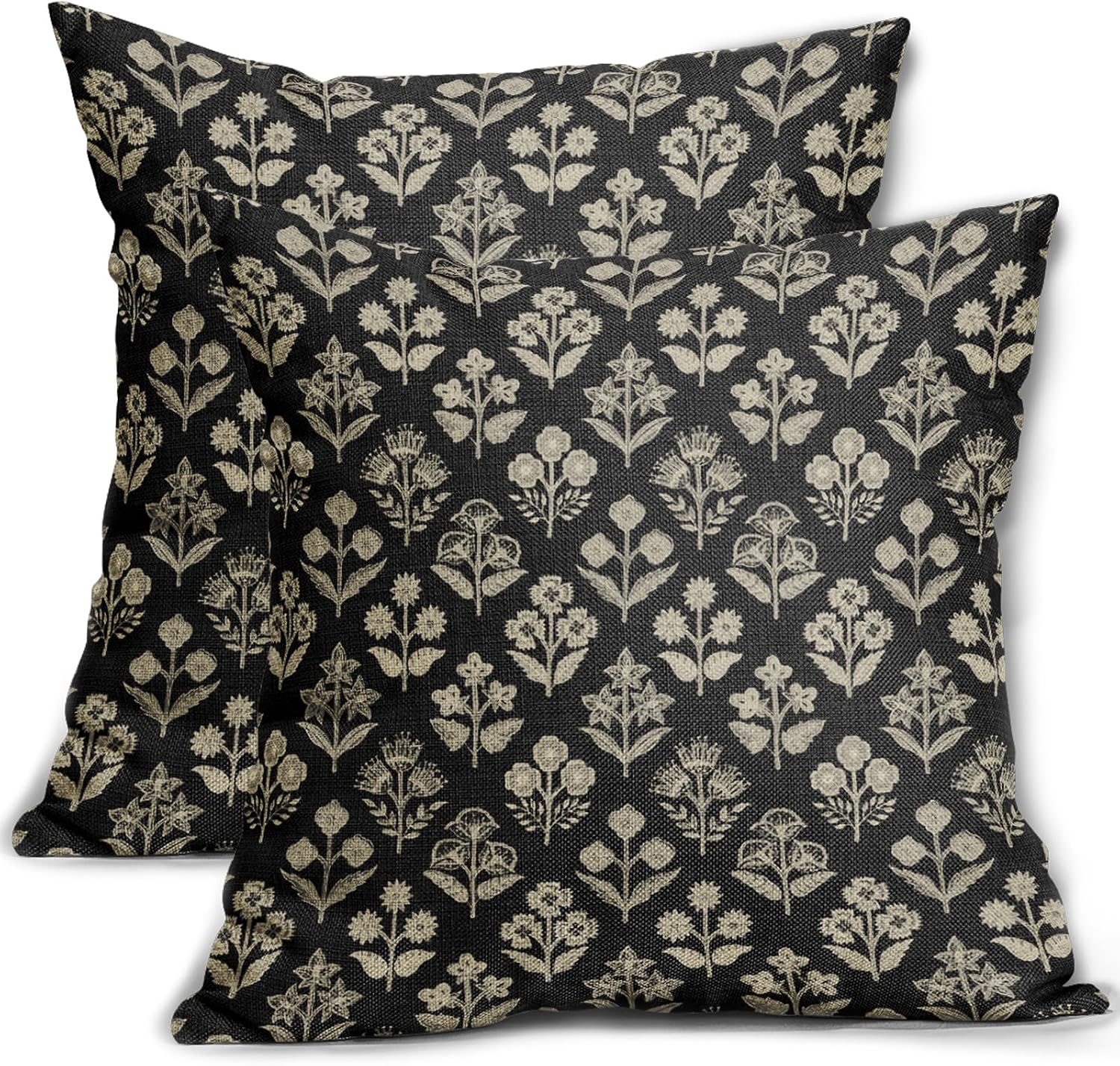 Black Floral Pillow Covers 22x22 Inch Set of 2, Vintage Flower Block Print Decorative Throw Pillowcases Outdoor Farmhouse Cushion Covers…