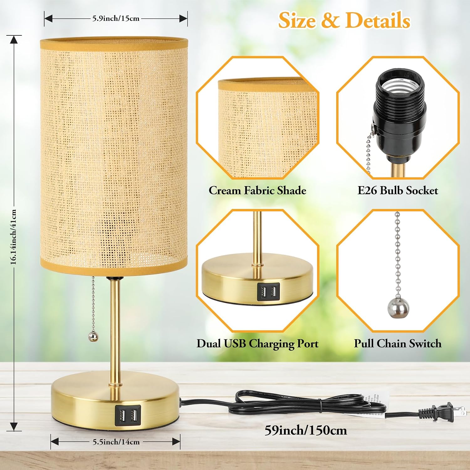 Set of 2 Table Lamp with 2 USB, Vintage Bedside Lamps for Bedrooms, Nightstand Lamps with Pull Chain, Bamboo Woven Desk Lamps with Rattan…