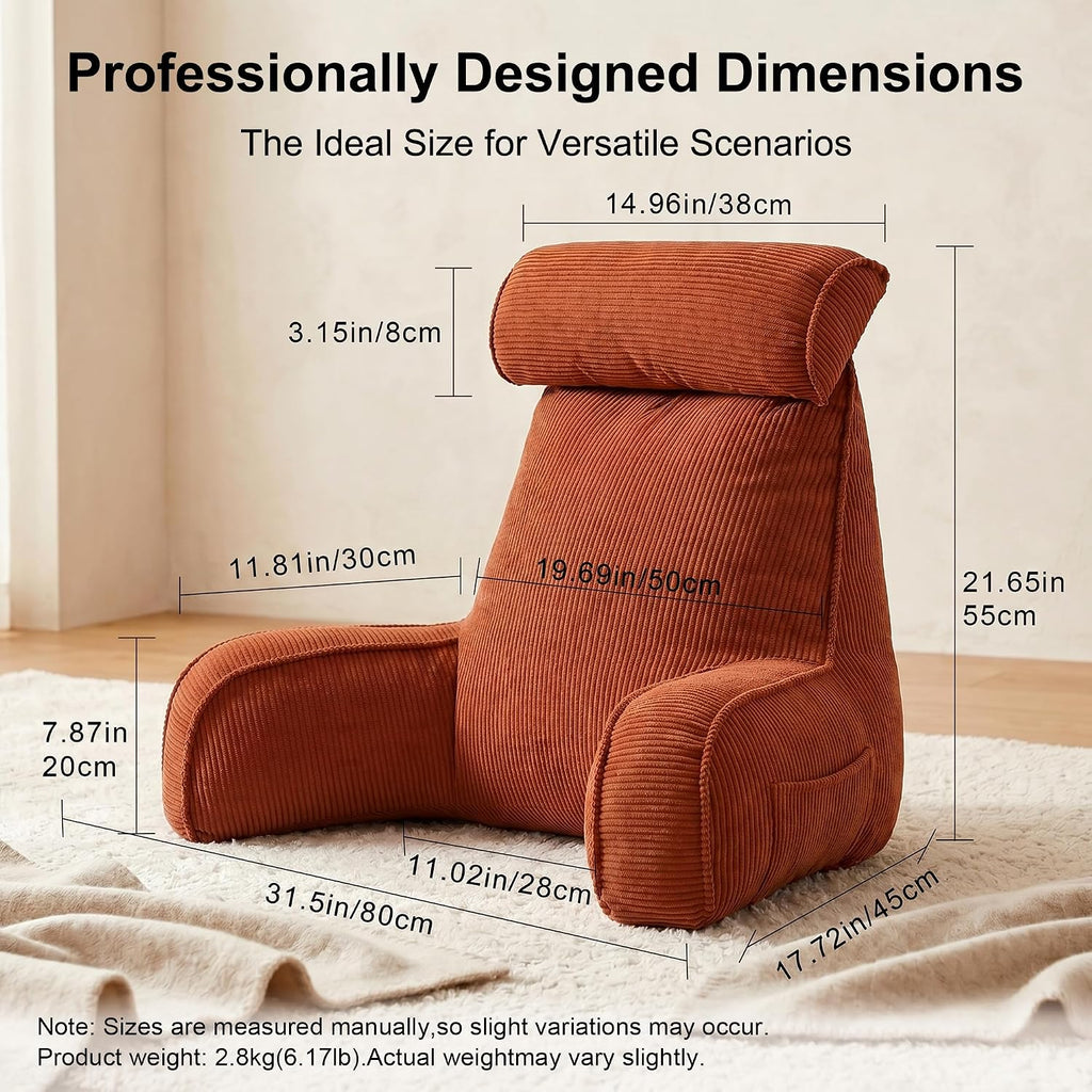 Ailuteie Pillow with Arms for Sitting Up in Bed, Reading Backrest Pillow, Corduroy Back Support Cushion with Side Pockets & Washable Cover,…