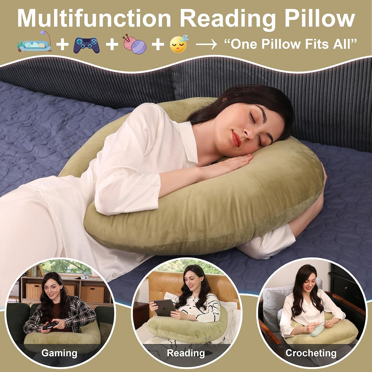 Ergonomic U-Shape Gaming & Lap Pillow - Crochet Pillow & Reading Support Pillow with Arm Relief, Comfort for Gamers, Crafters & Book…