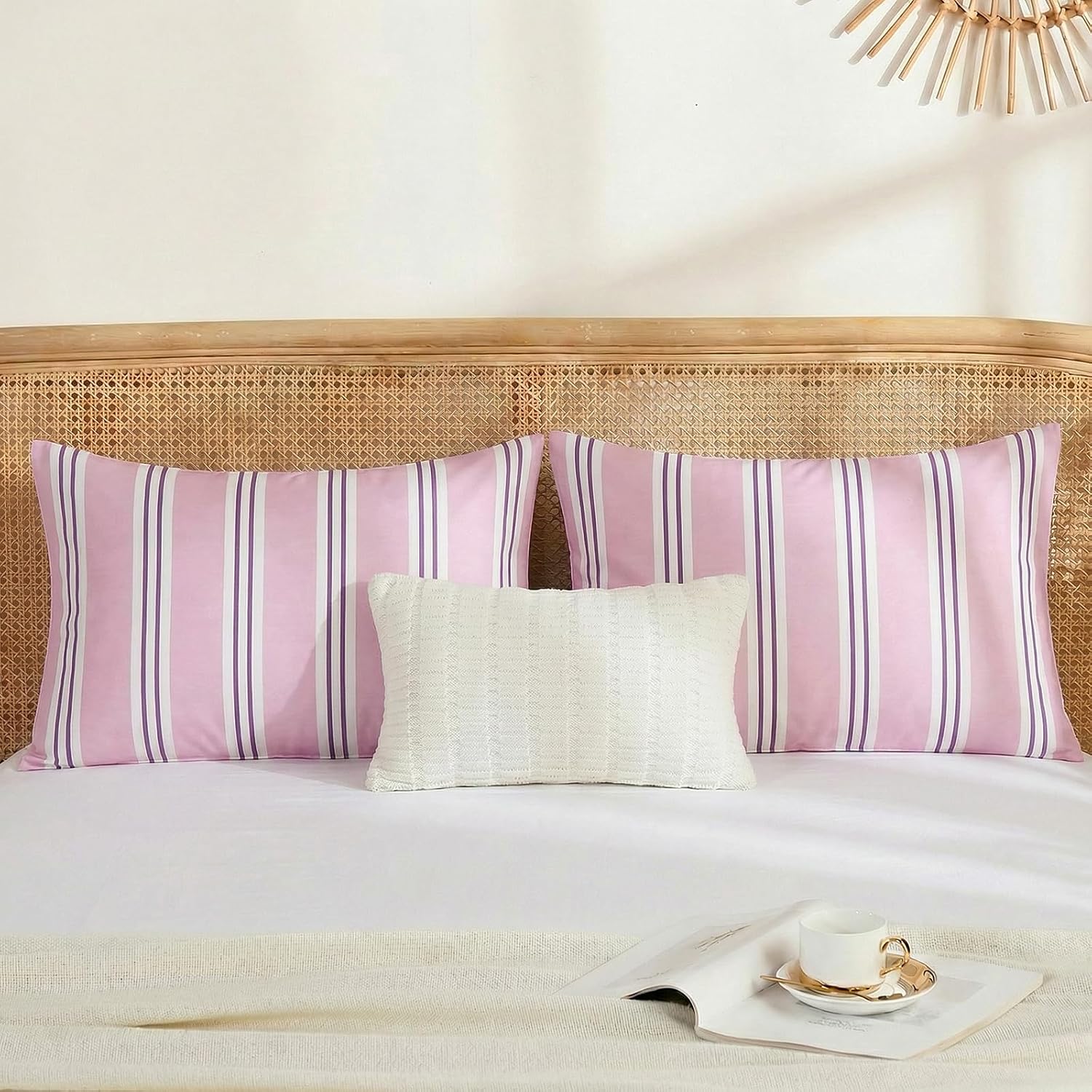 Merryword Standard Size Pillowcases, 100% Cotton Pillow Cases, Purple Striped Pillowcases, Soft Breathable Ribbon Stripe Pillow Covers, Set…