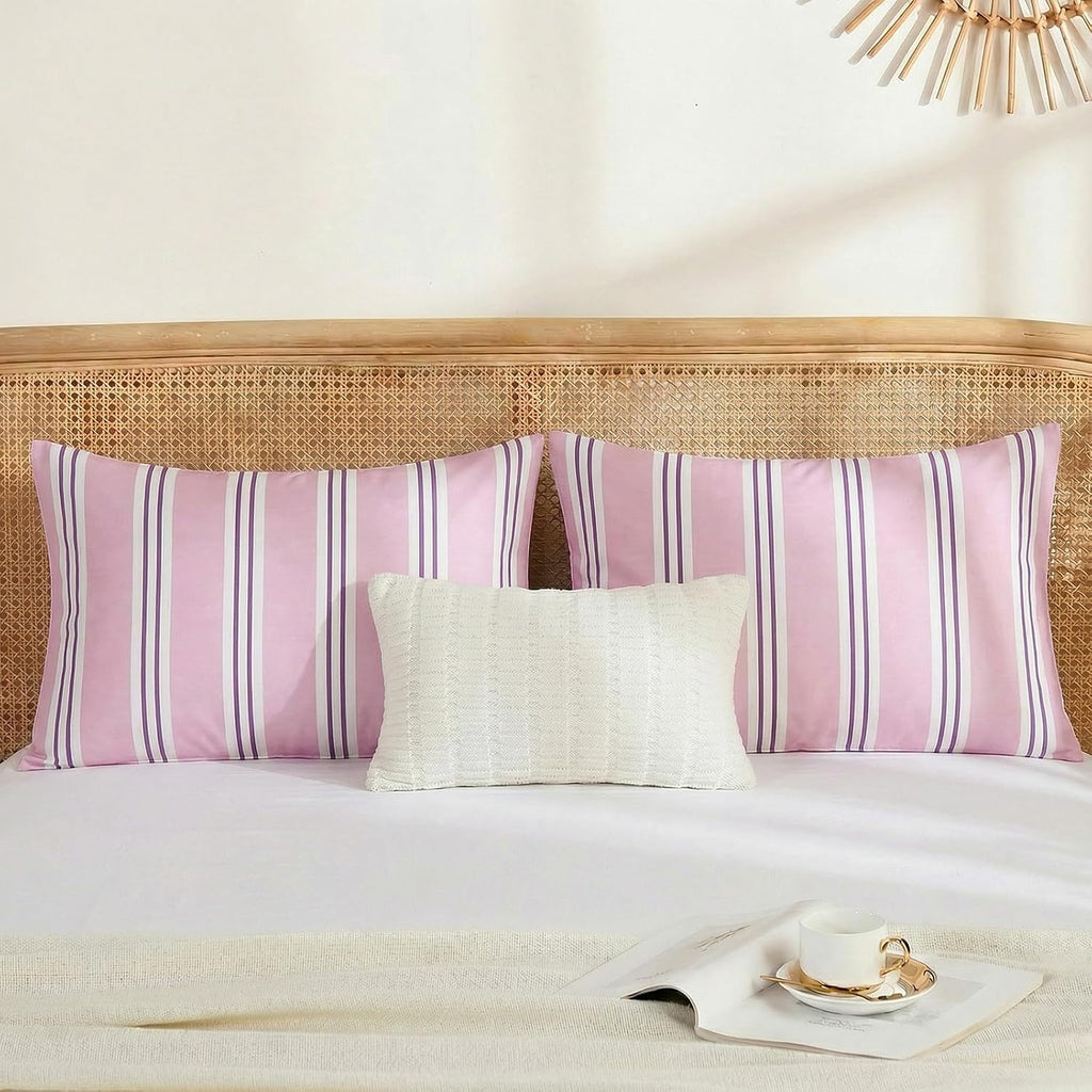 Merryword Queen Size Pillowcases, 100% Cotton Pillow Cases, Purple Striped Pillowcases, Soft Breathable Ribbon Stripe Pillow Covers, Set of…