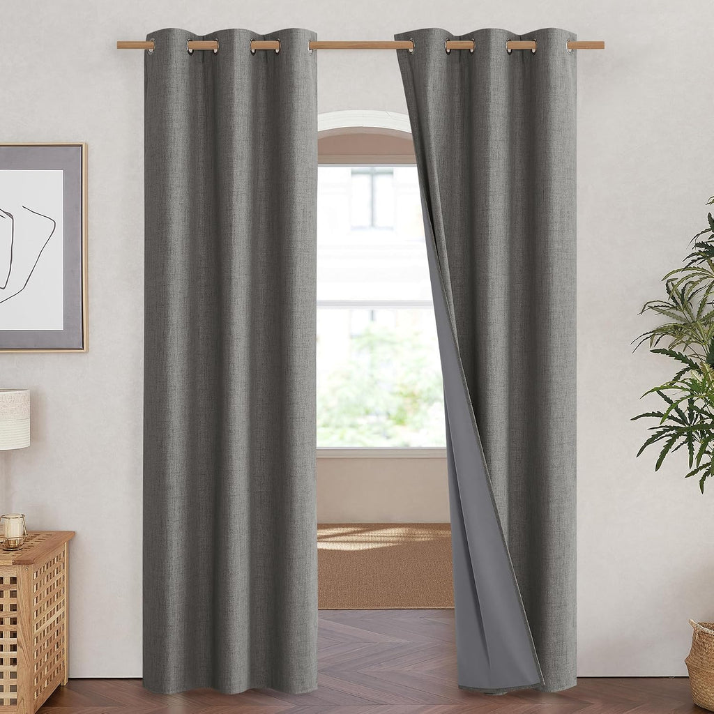 NICETOWN Grizzle Gray Vintage Linen 100% Blackout Curtains for Living Room, Thermal Insulated Curtains 84" Long, Noise Reducing Window…