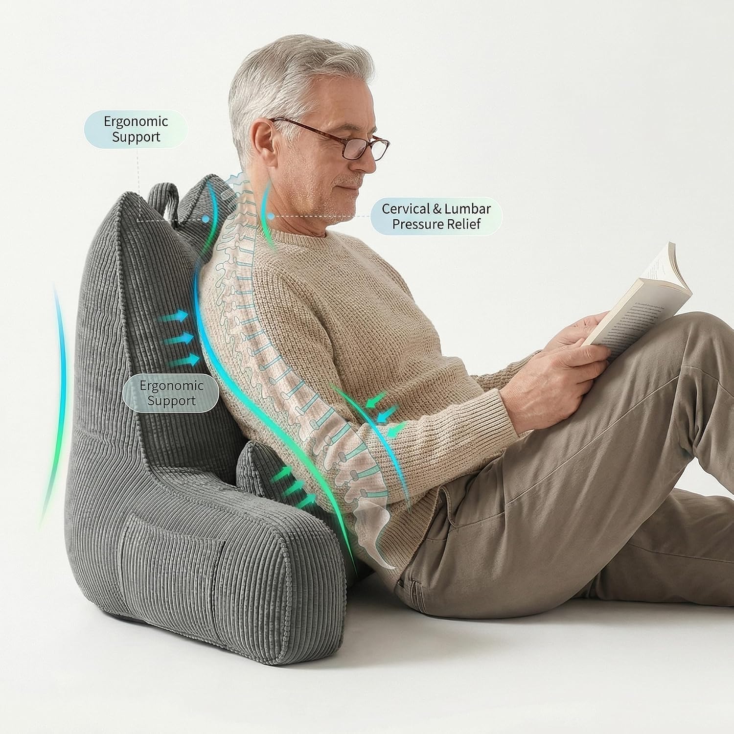 Ailuteie Patented Design Corduroy Reading Pillow with Arms, Ergonomic Bed Rest Pillow with Extra Lumbar Pillow for Sitting in Bed or Couch,…