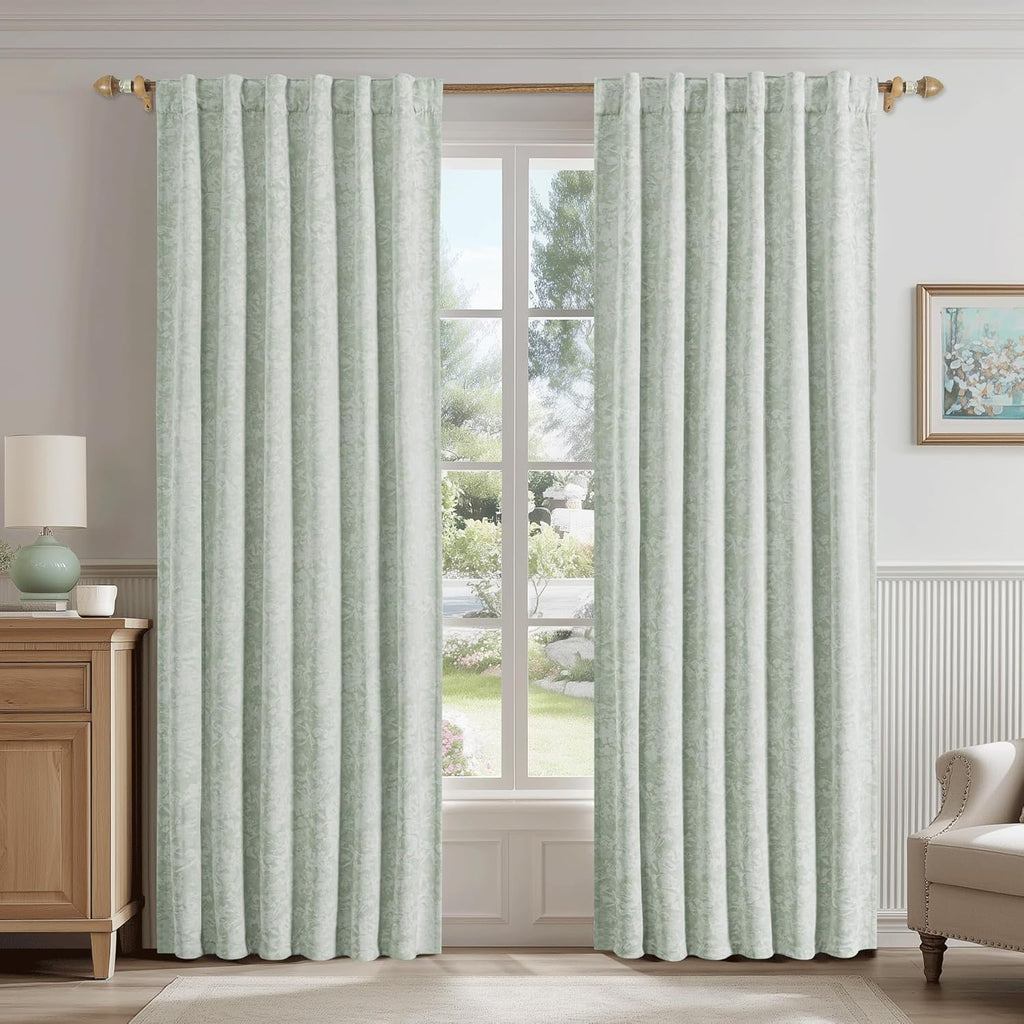 Beauoop Green Floral Jacquard Blackout Curtains 72 Inches Long 2 Panels for Bedroom Living Room Chenille Flower Room Darkening Thermal…