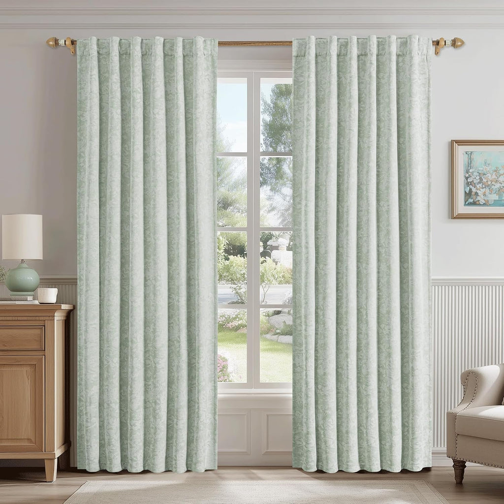 Beauoop Green Floral Jacquard Blackout Curtains 96 Inches Long 2 Panels for Bedroom Living Room Chenille Flower Room Darkening Thermal…