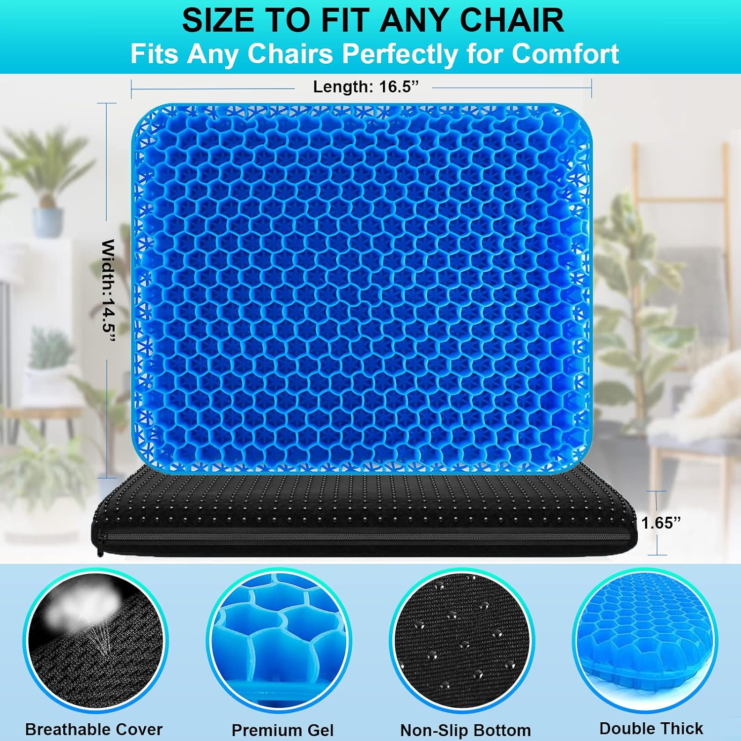 Helishy Gel Seat Cushion for Long Sitting - 1.65inch Double Thick Cooling Egg Cushion for Back, Hip, Sciatica, Coccyx, Tailbone - Office Ch…